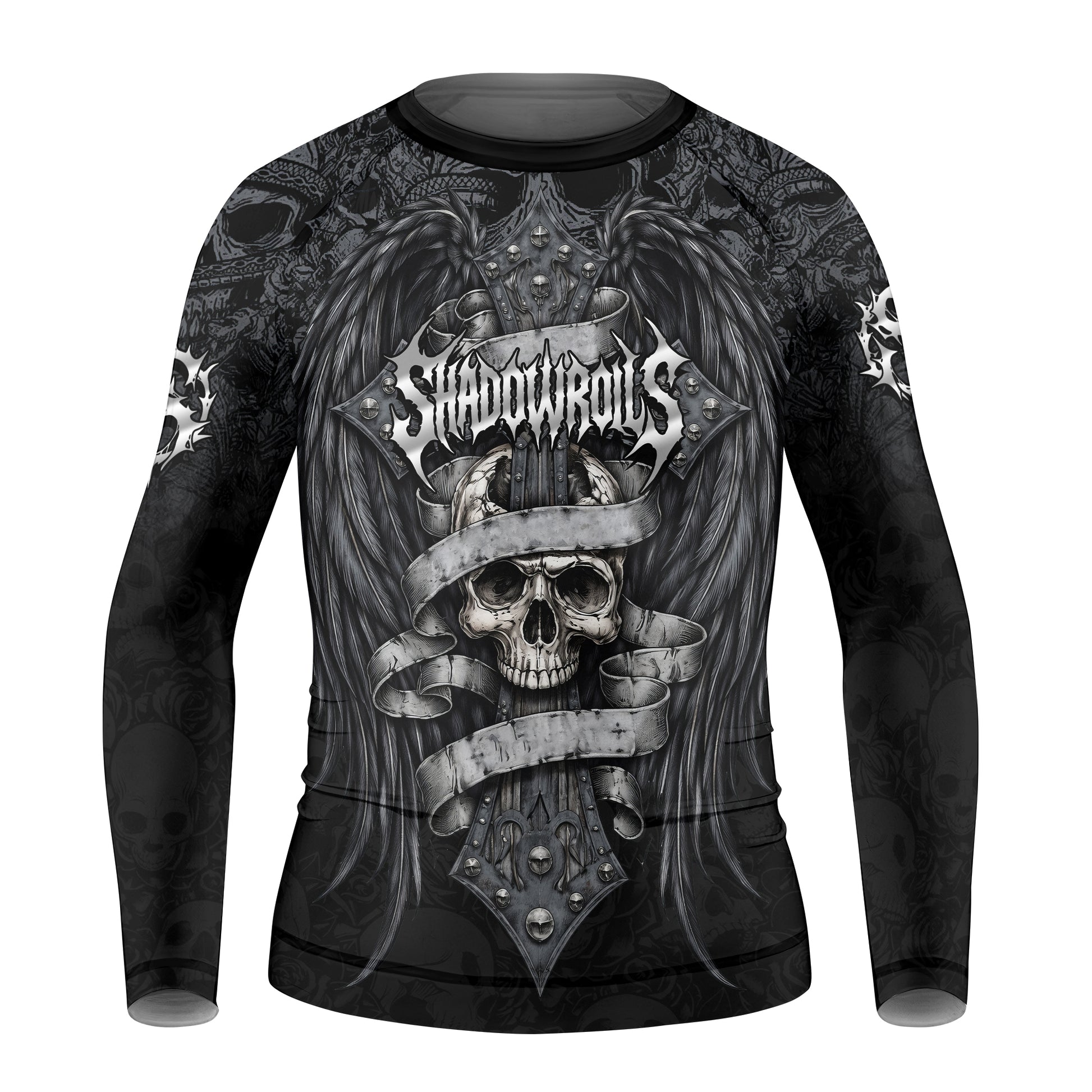 Angelic Skull Gothic Cross Kids Rash Guard Long Sleeve - front view mockup