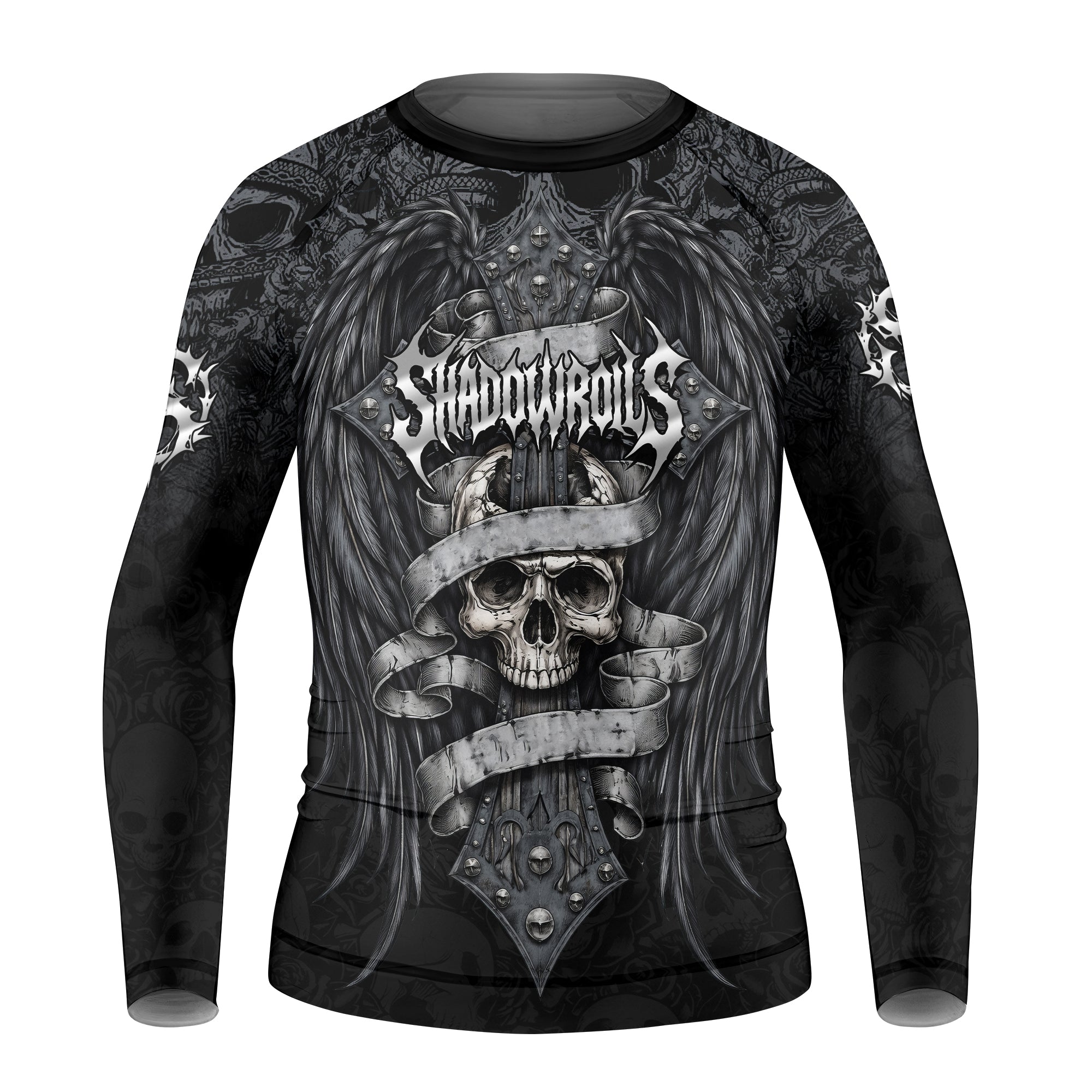 Angelic Skull Gothic Cross Kids Rash Guard Long Sleeve - front view mockup