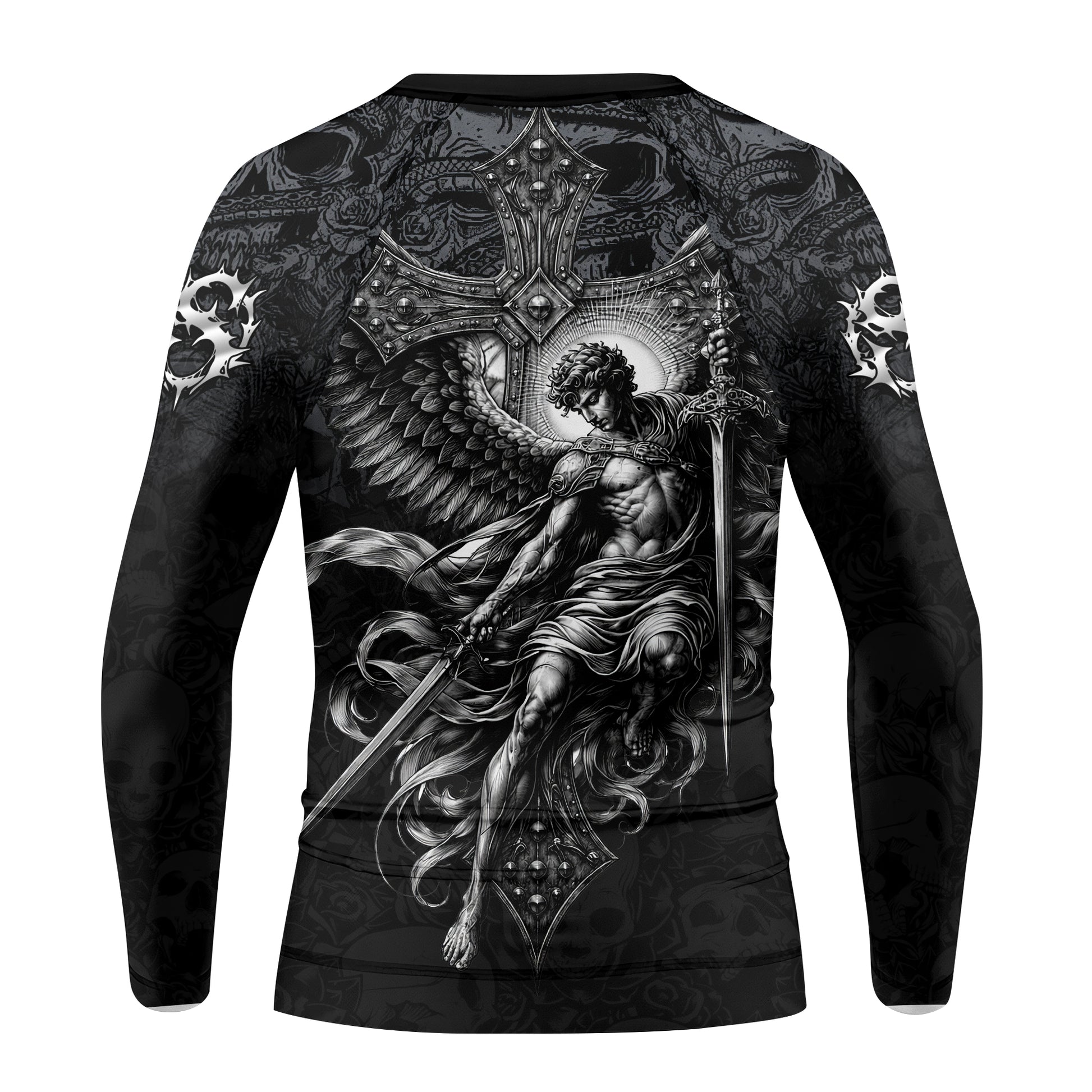 Angelic Skull Gothic Cross Kids Rash Guard Long Sleeve - back view mockup