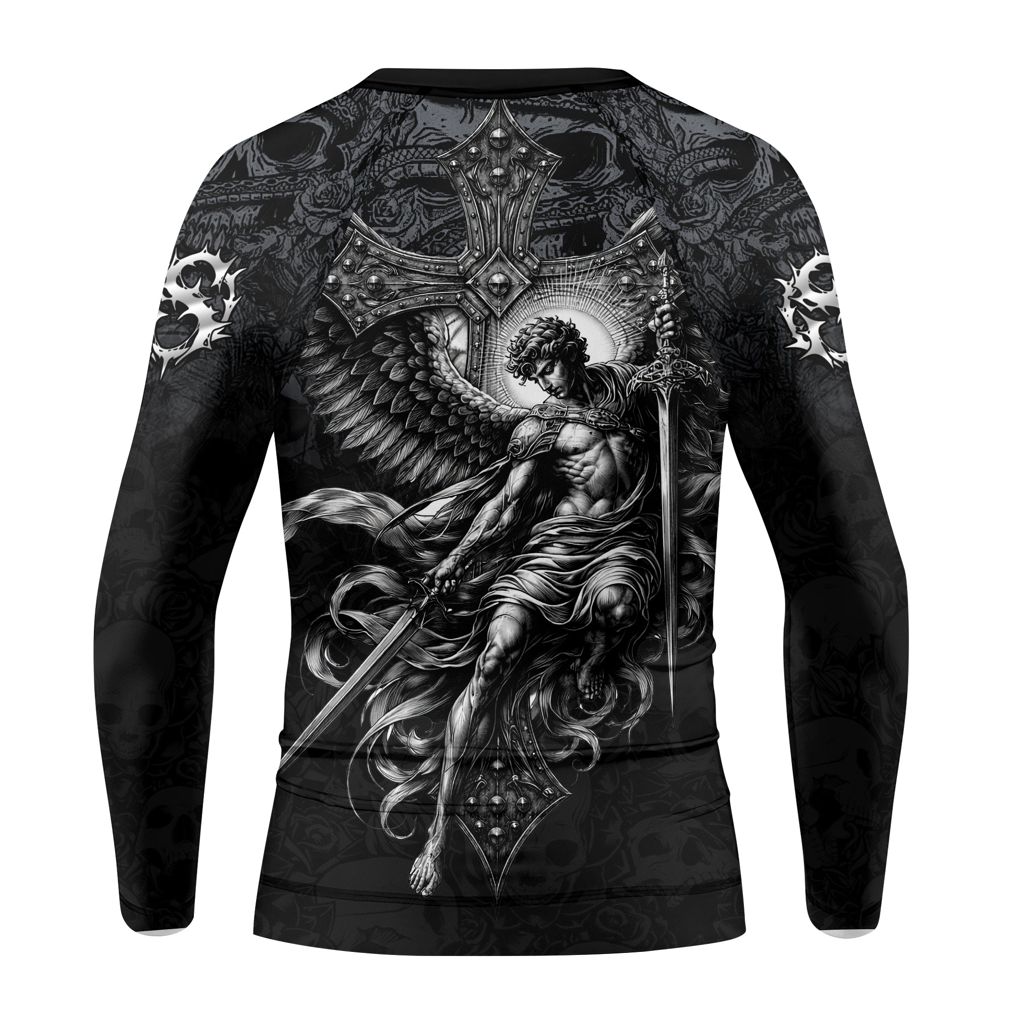 Angelic Skull Gothic Cross Kids Rash Guard Long Sleeve - back view mockup