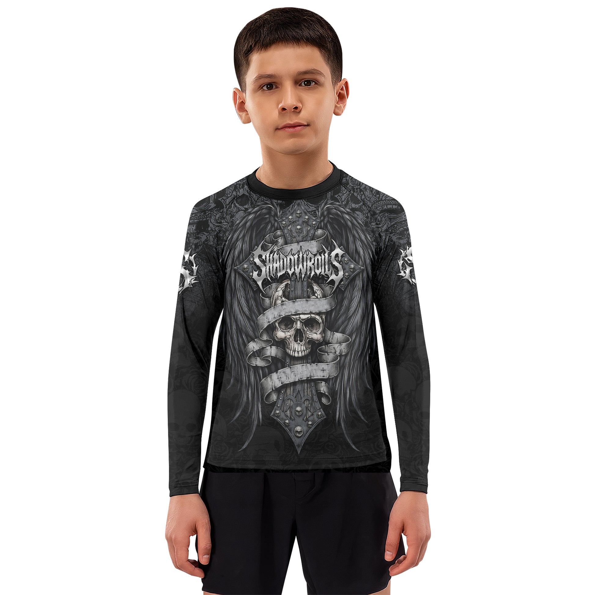 Angelic Skull Gothic Cross Kids Rash Guard Long Sleeve - boy's lifestyle view