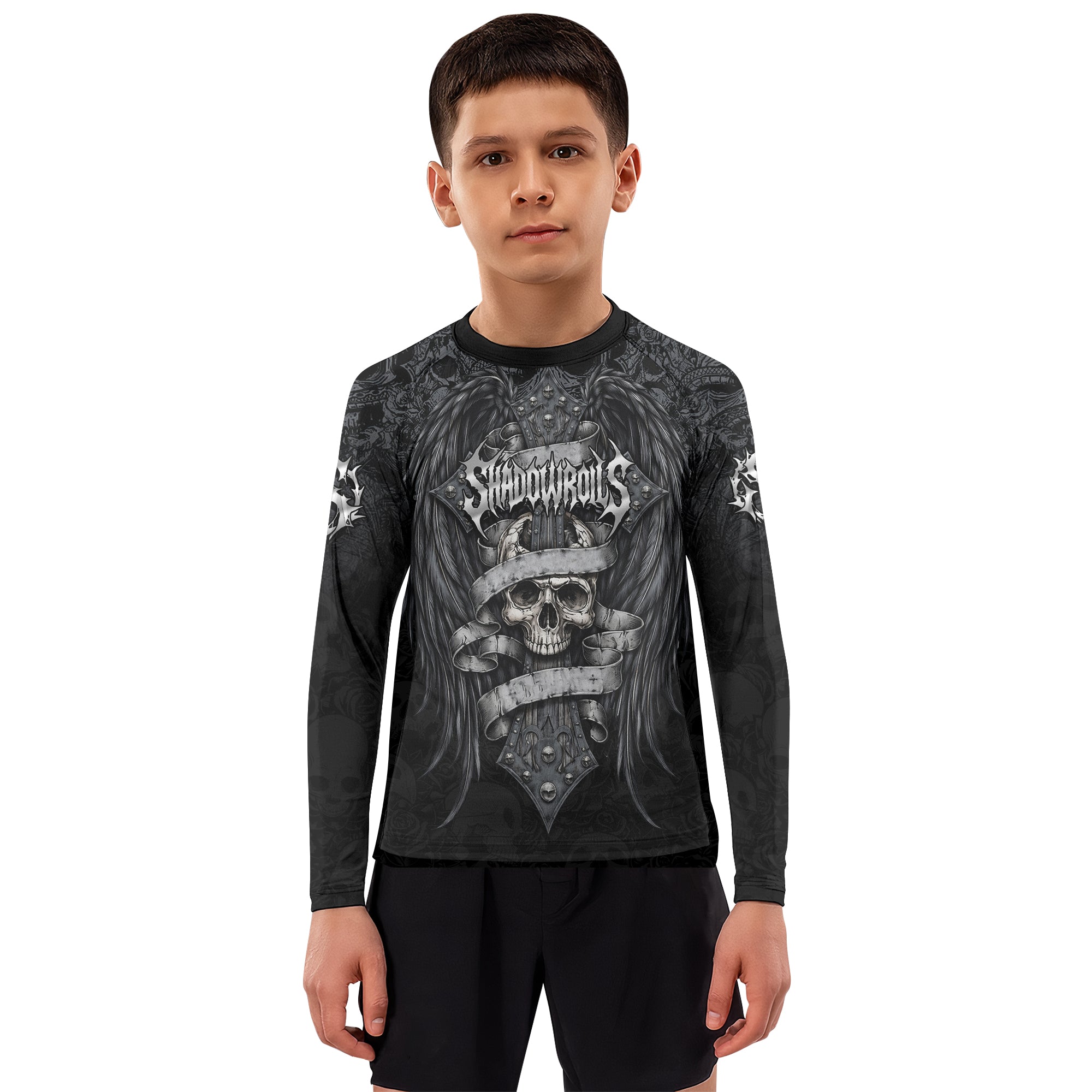 Angelic Skull Gothic Cross Kids Rash Guard Long Sleeve - boy's lifestyle view