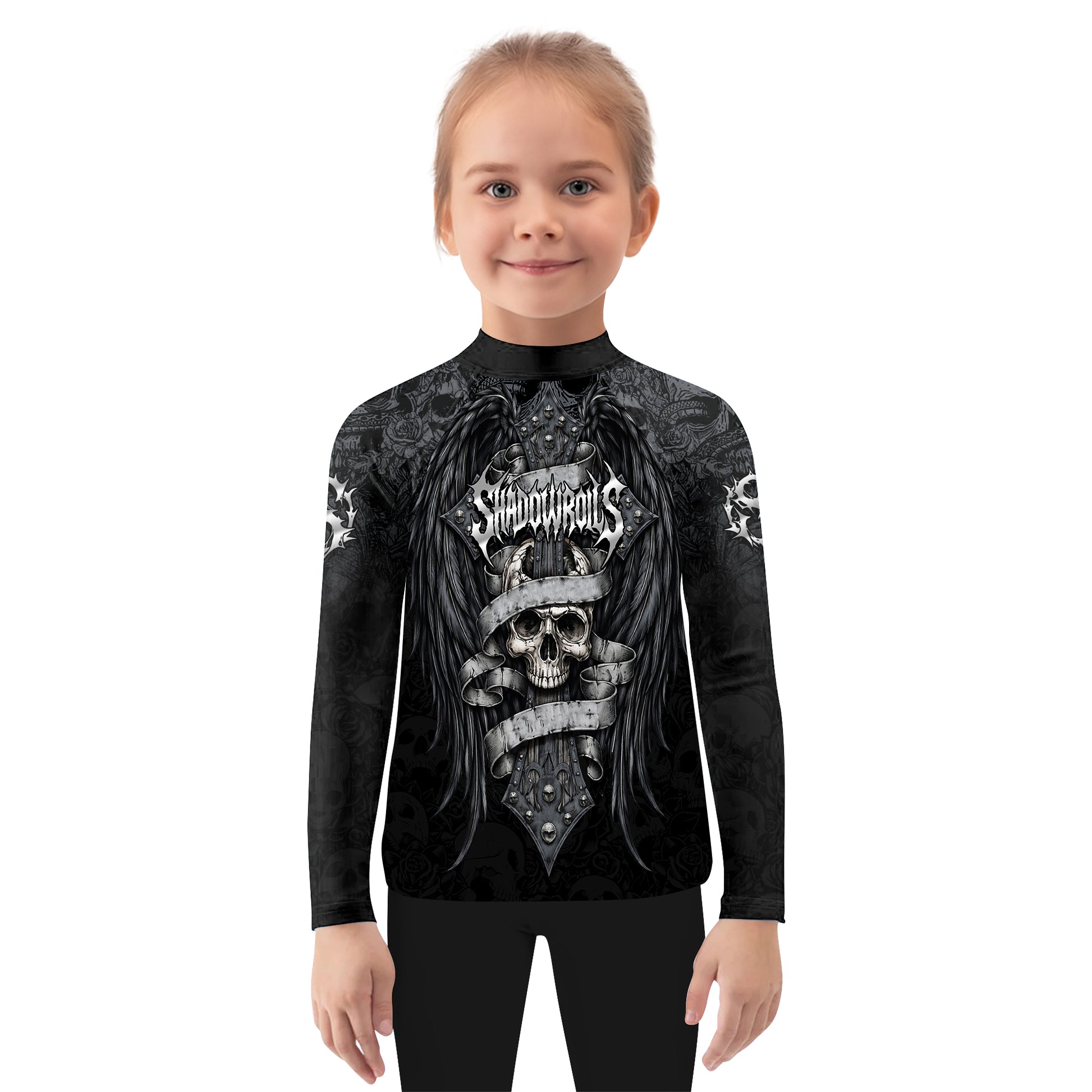 Angelic Skull Gothic Cross Kids Rash Guard Long Sleeve - girl's lifestyle view