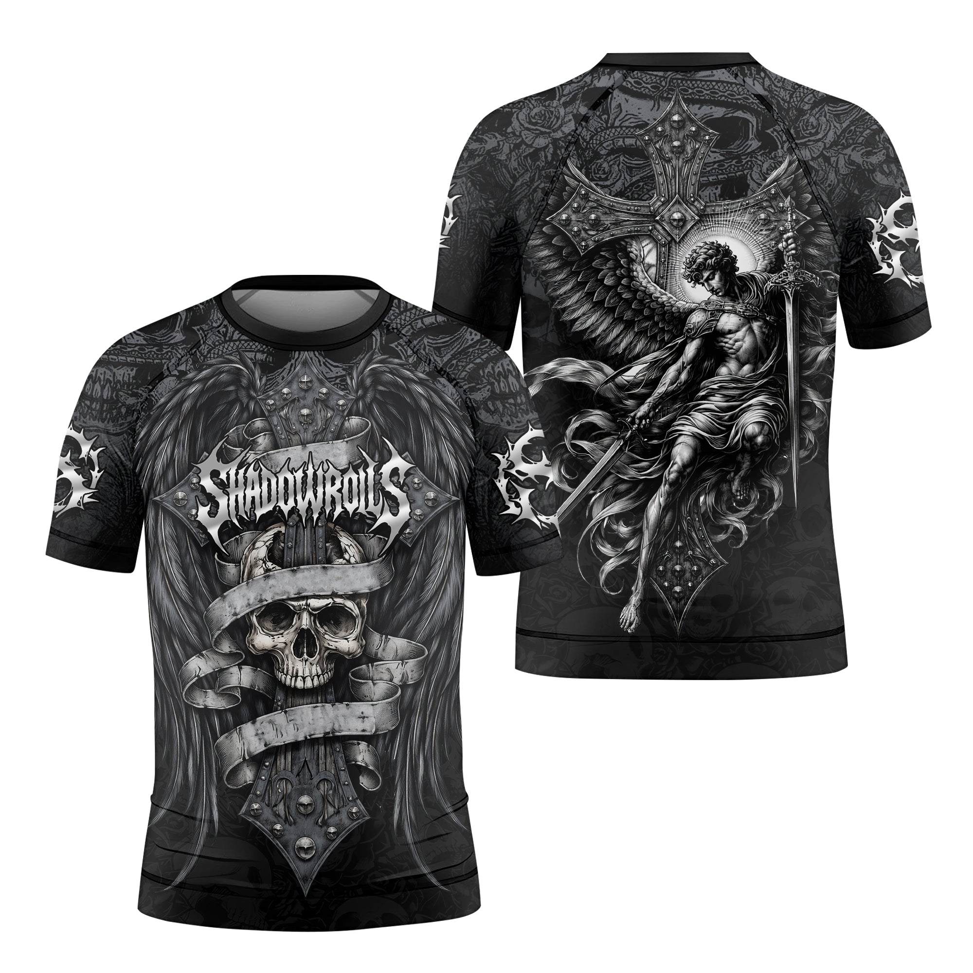 Angelic Skull Gothic Cross Kids Rash Guard Short Sleeve - front and back view