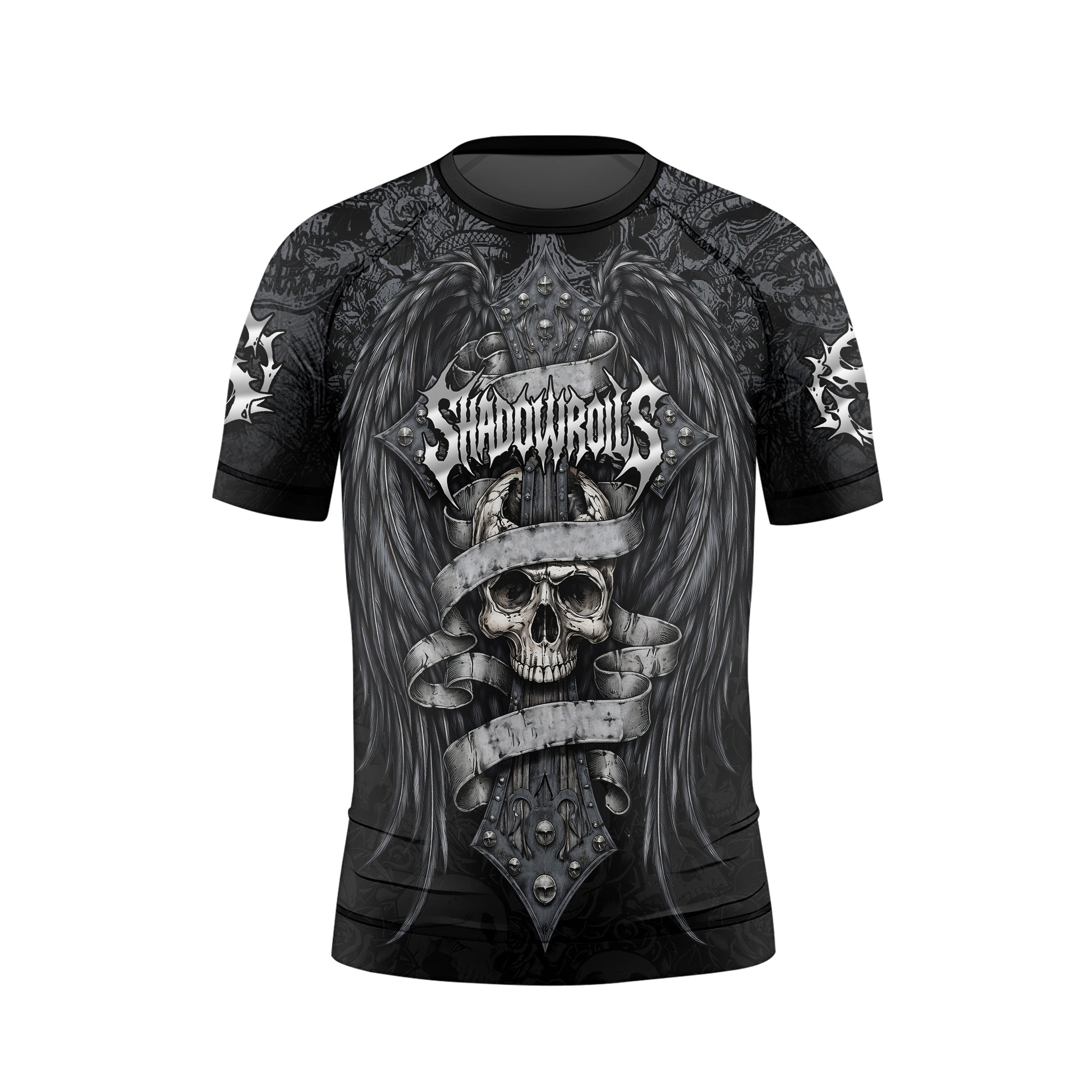 Angelic Skull Gothic Cross Kids Rash Guard Short Sleeve - front view mockup