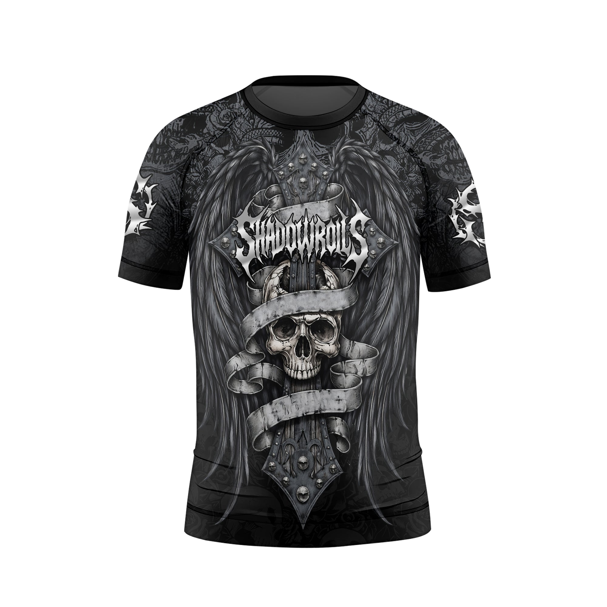 Angelic Skull Gothic Cross Kids Rash Guard Short Sleeve - front view mockup