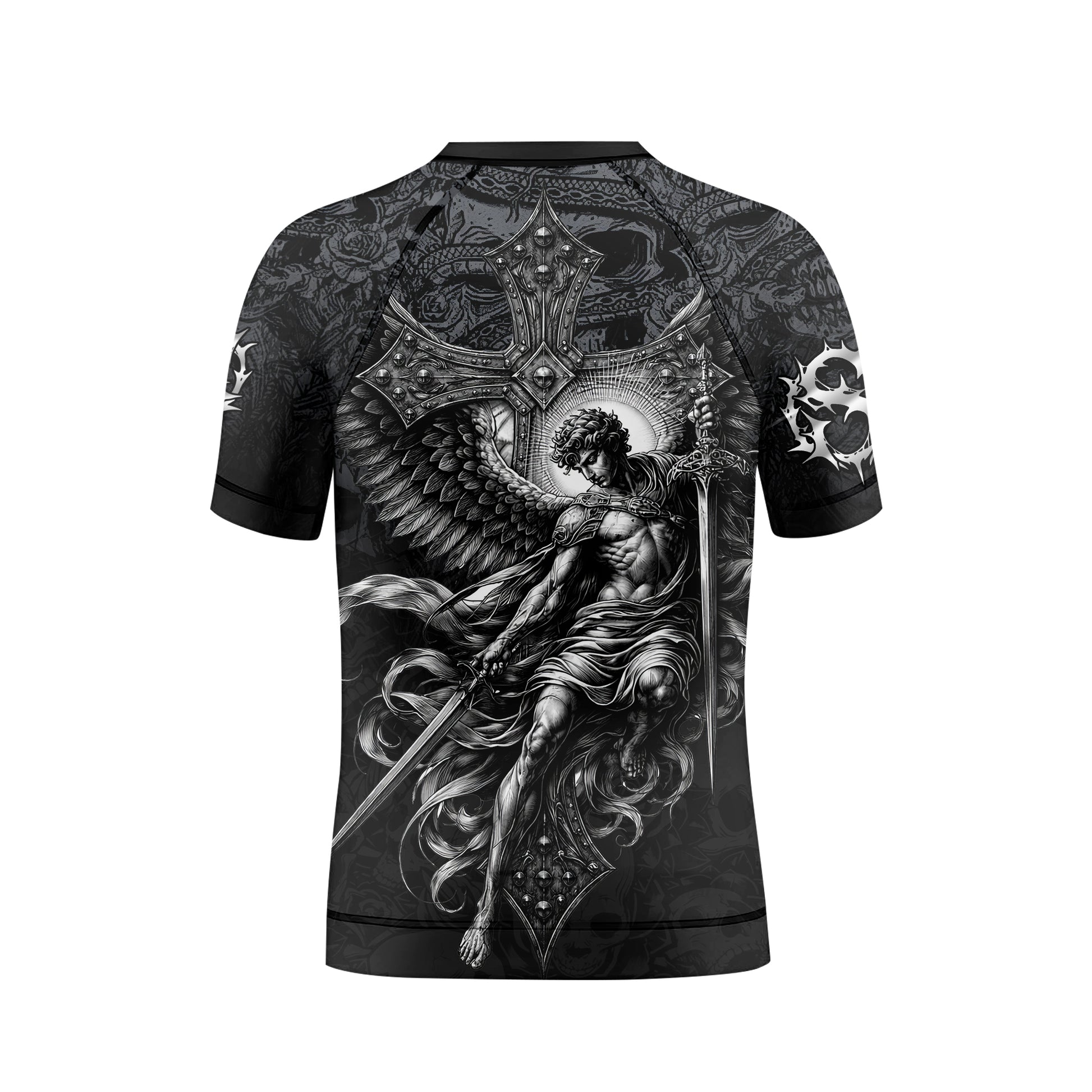 Angelic Skull Gothic Cross Kids Rash Guard Short Sleeve - back view mockup