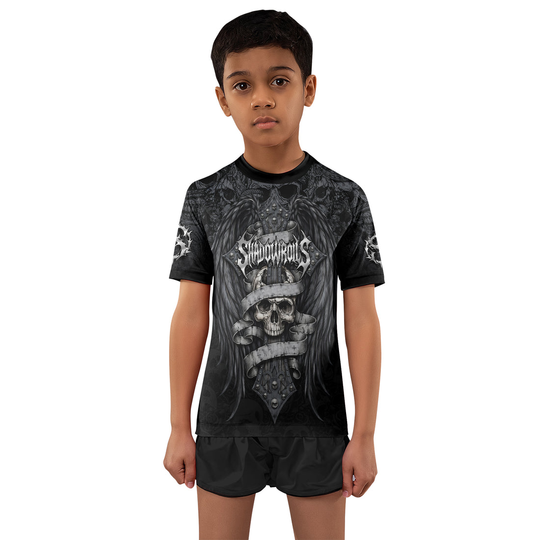 Angelic Skull Gothic Cross Kids Rash Guard Short Sleeve - boy's lifestyle view