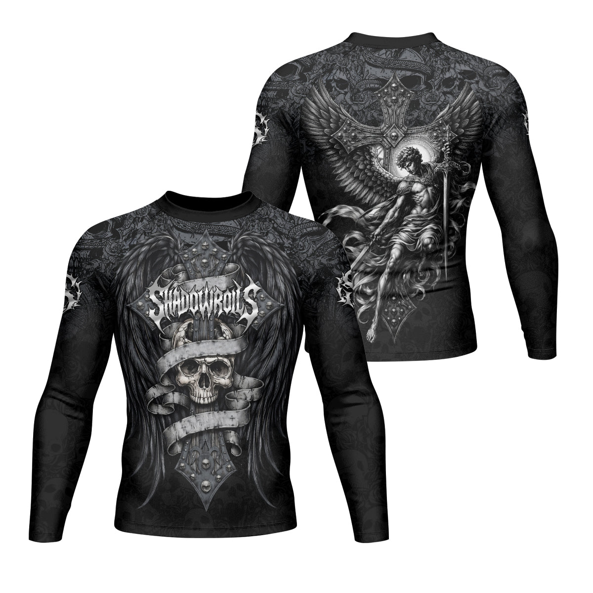 Angelic Skull Gothic Cross Men's Rash Guard Long Sleeve - front and back view