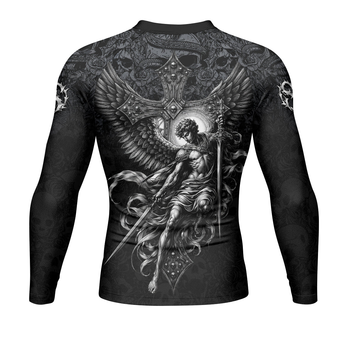 Angelic Skull Gothic Cross Men's Rash Guard Long Sleeve - back view mockup