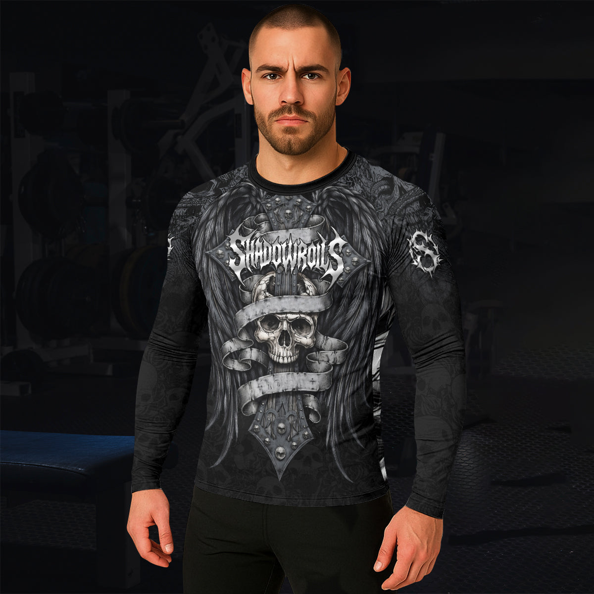 Angelic Skull Gothic Cross Men's Rash Guard Long Sleeve - lifestyle view