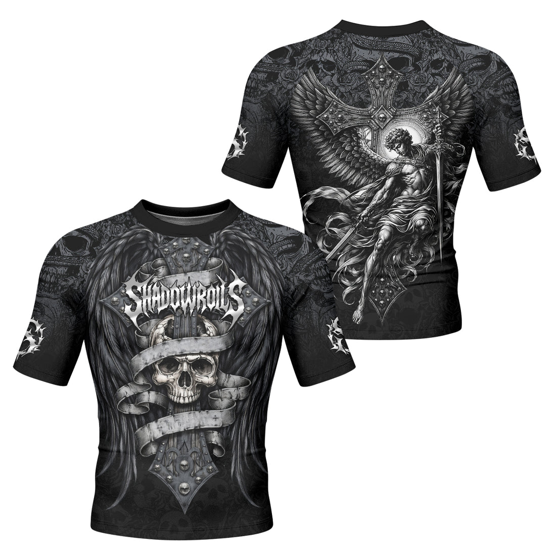 Angelic Skull Gothic Cross Men's Rash Guard Short Sleeve - front and back view