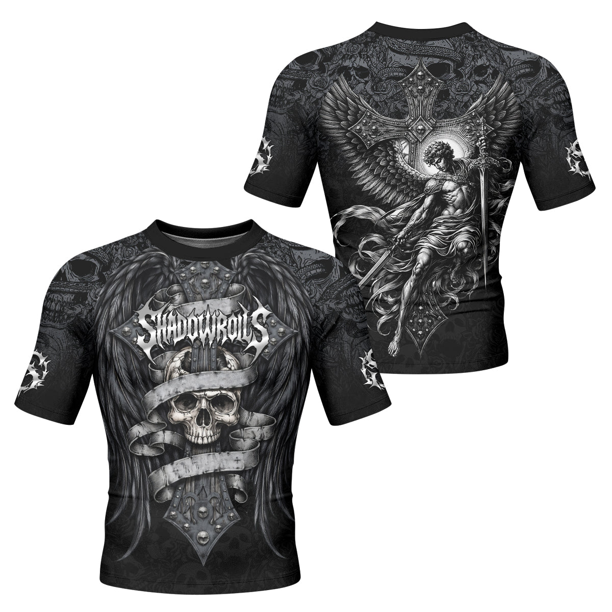Angelic Skull Gothic Cross Men's Rash Guard Short Sleeve - front and back view