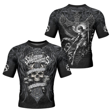 Angelic Skull Gothic Cross Men's Rash Guard Short Sleeve - front and back view