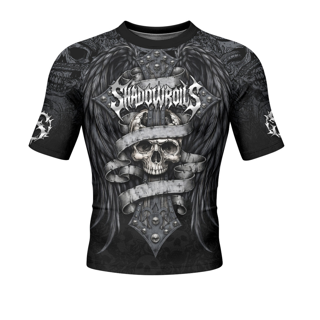 Angelic Skull Gothic Cross Men's Rash Guard Short Sleeve - front and back view