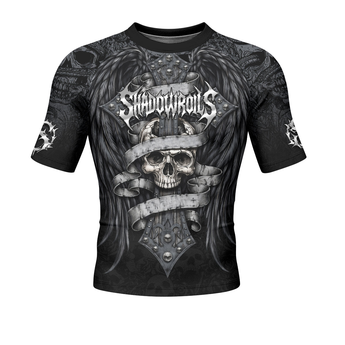 Angelic Skull Gothic Cross Men's Rash Guard Short Sleeve - front view mockup