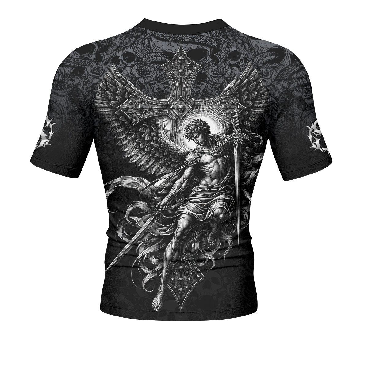 Angelic Skull Gothic Cross Men's Rash Guard Short Sleeve - back view mockup