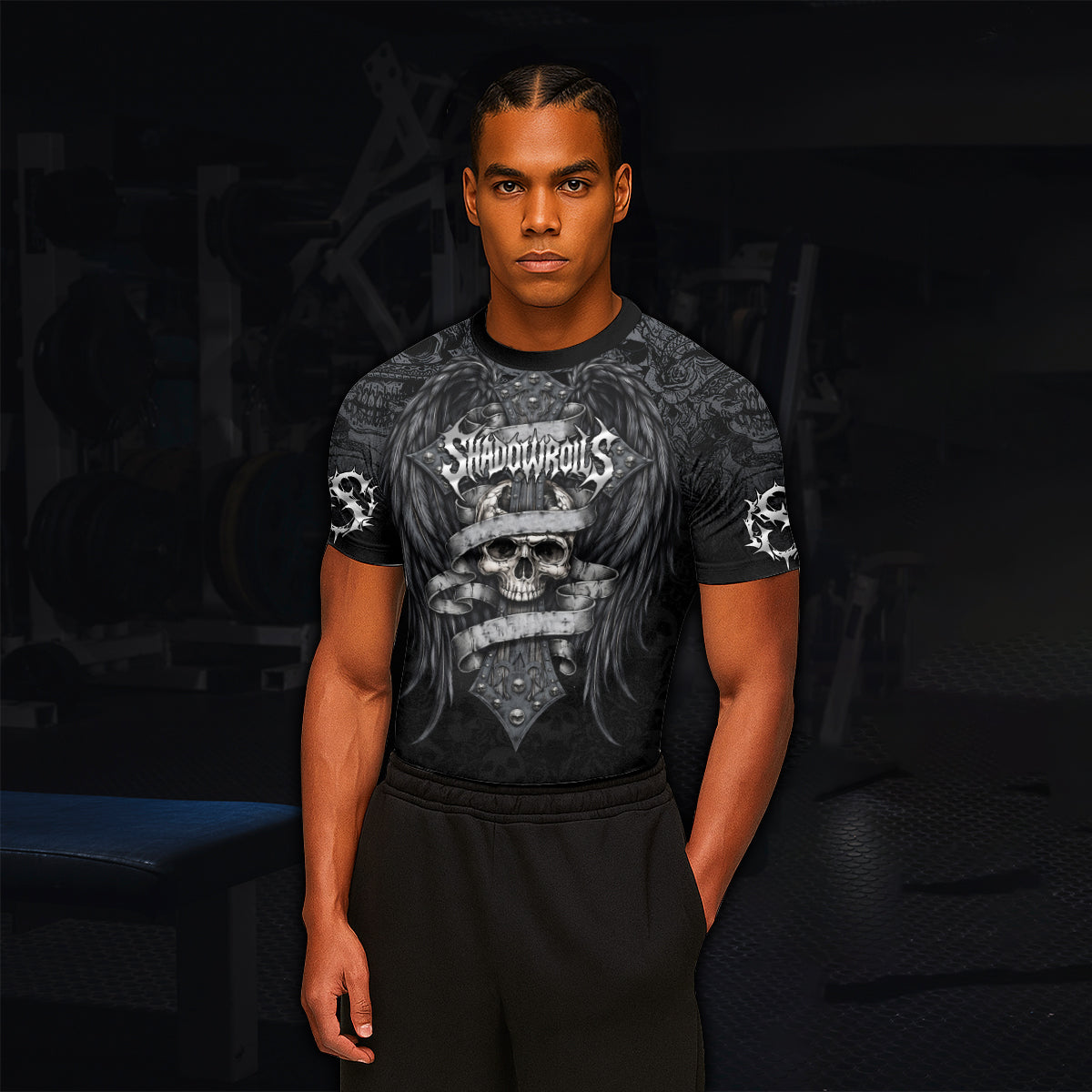 Angelic Skull Gothic Cross Men's Rash Guard Short Sleeve - lifestyle view