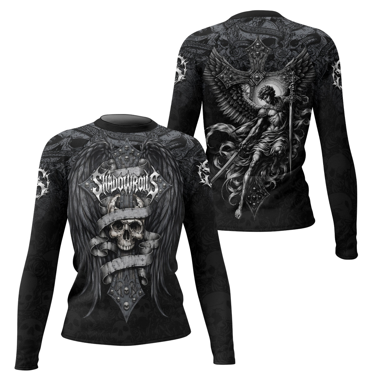 Angelic Skull Gothic Cross Women's Rash Guard Long Sleeve - front and back view