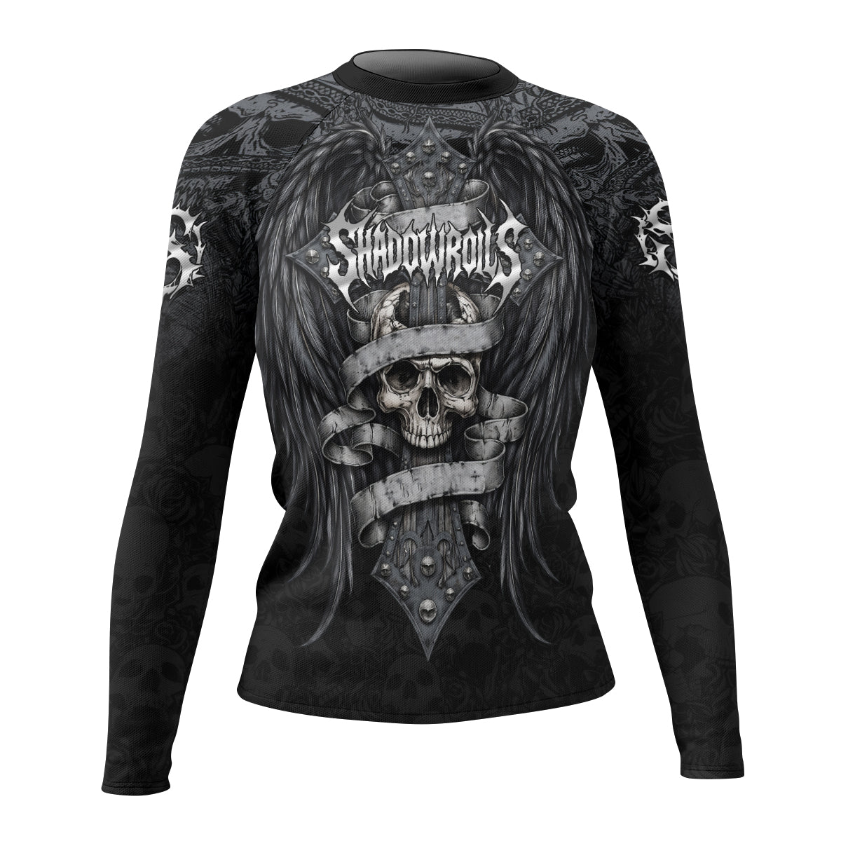 Angelic Skull Gothic Cross Women's Rash Guard Long Sleeve - front view mockup