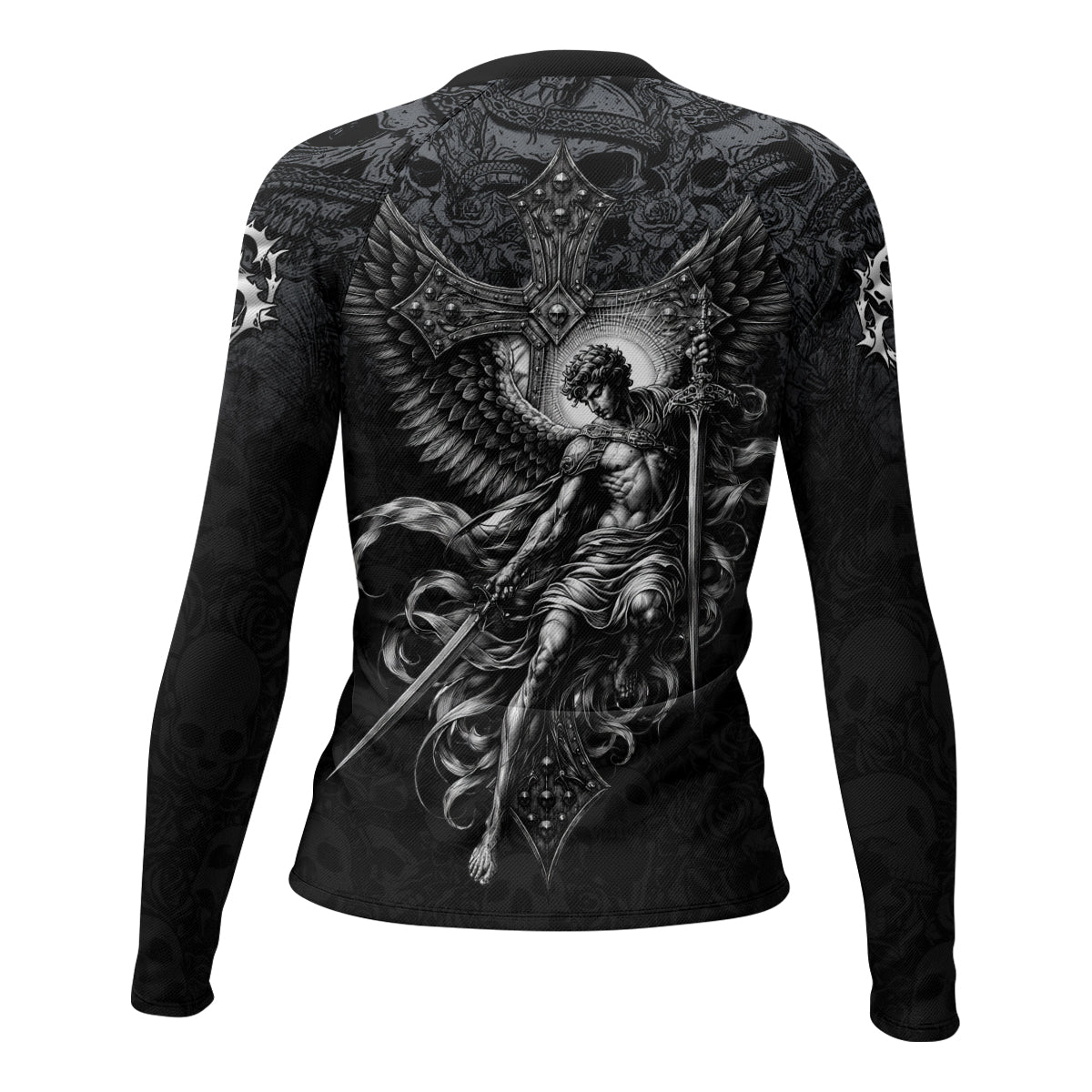 Angelic Skull Gothic Cross Women's Rash Guard Long Sleeve - back view mockup