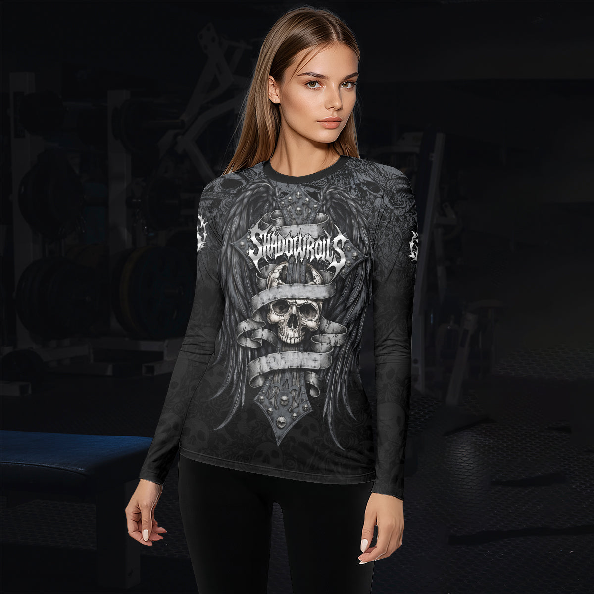 Angelic Skull Gothic Cross Women's Rash Guard Long Sleeve - lifestyle view