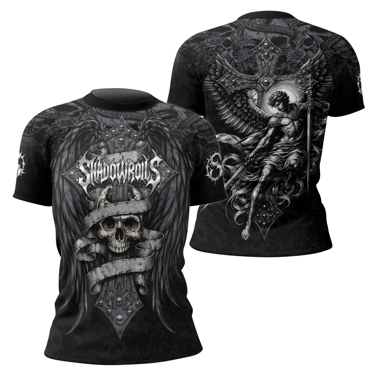 Angelic Skull Gothic Cross Women's Rash Guard Short Sleeve - front and back view