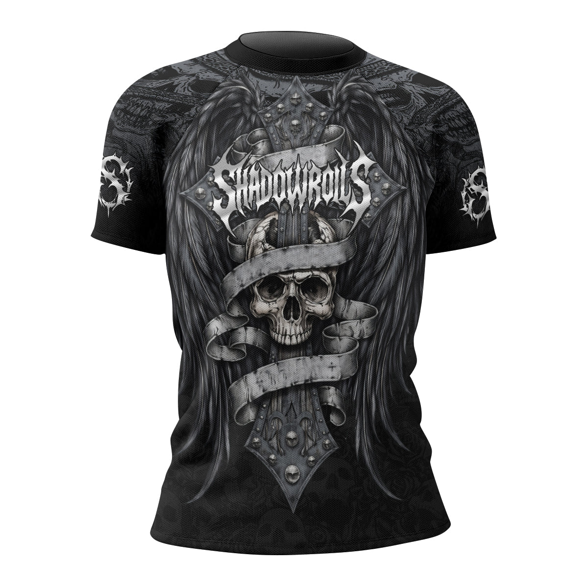 Angelic Skull Gothic Cross Women's Rash Guard Short Sleeve - front view mockup