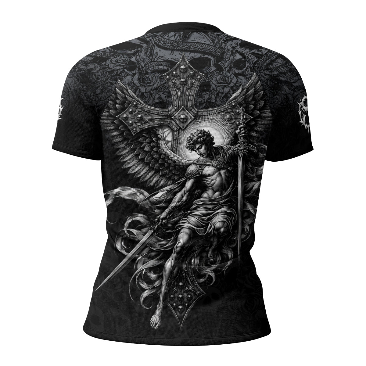 Angelic Skull Gothic Cross Women's Rash Guard Short Sleeve - back view mockup