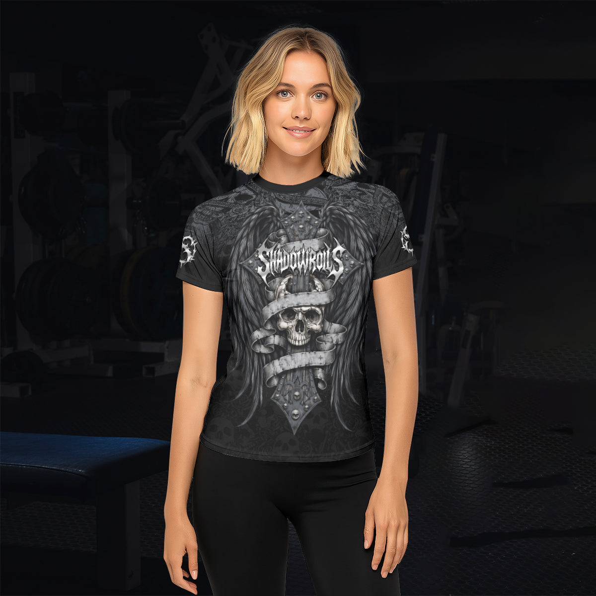Angelic Skull Gothic Cross Women's Rash Guard Short Sleeve - lifestyle view