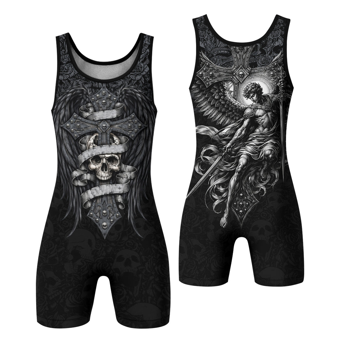 Angelic Skull Gothic Cross Wrestling Singlet - front and back view