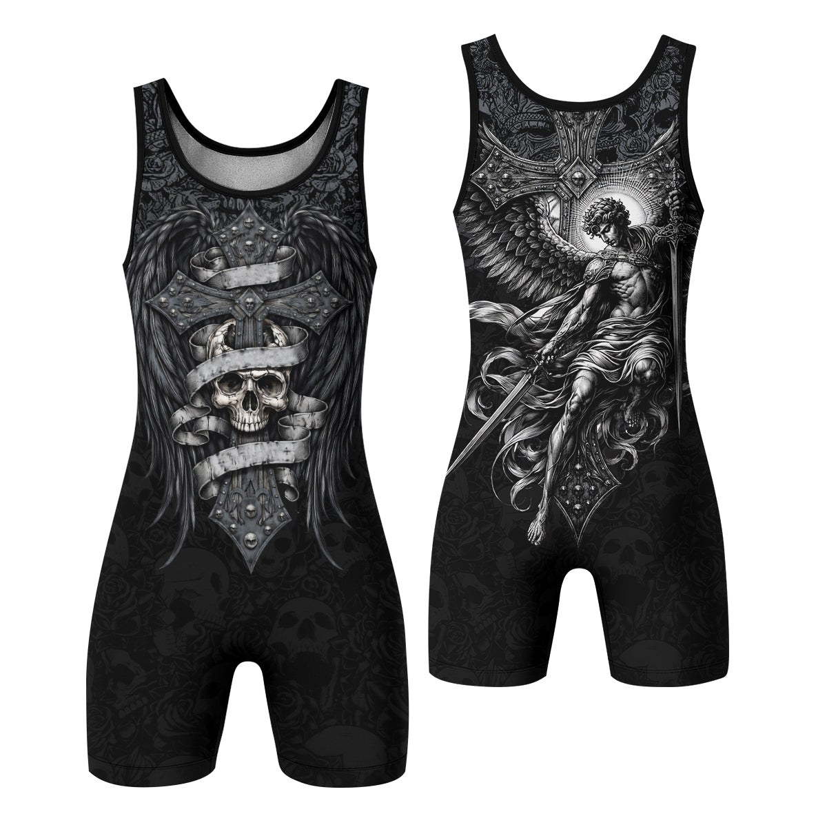Angelic Skull Gothic Cross Wrestling Singlet - front and back view