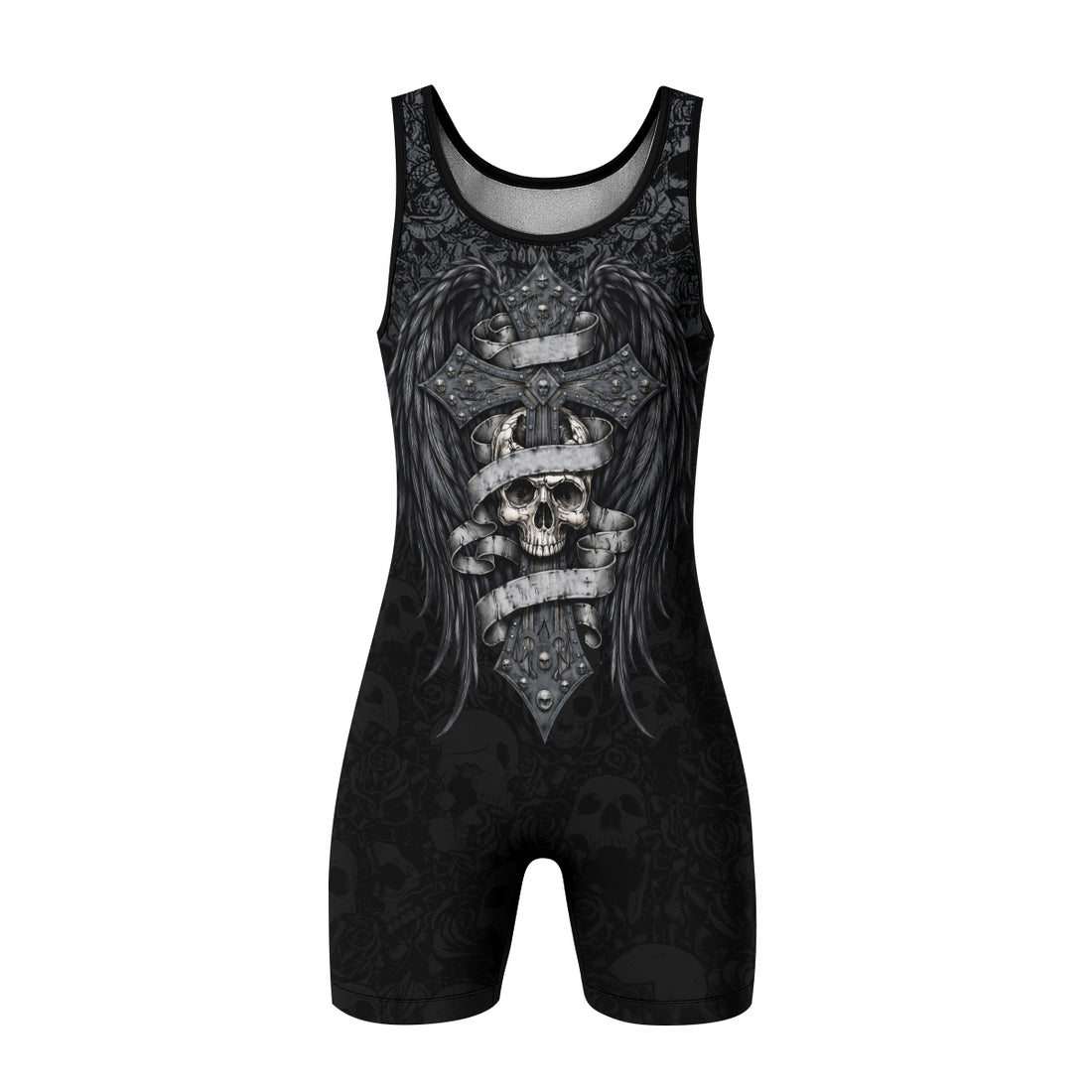 Angelic Skull Gothic Cross Wrestling Singlet - front and back view