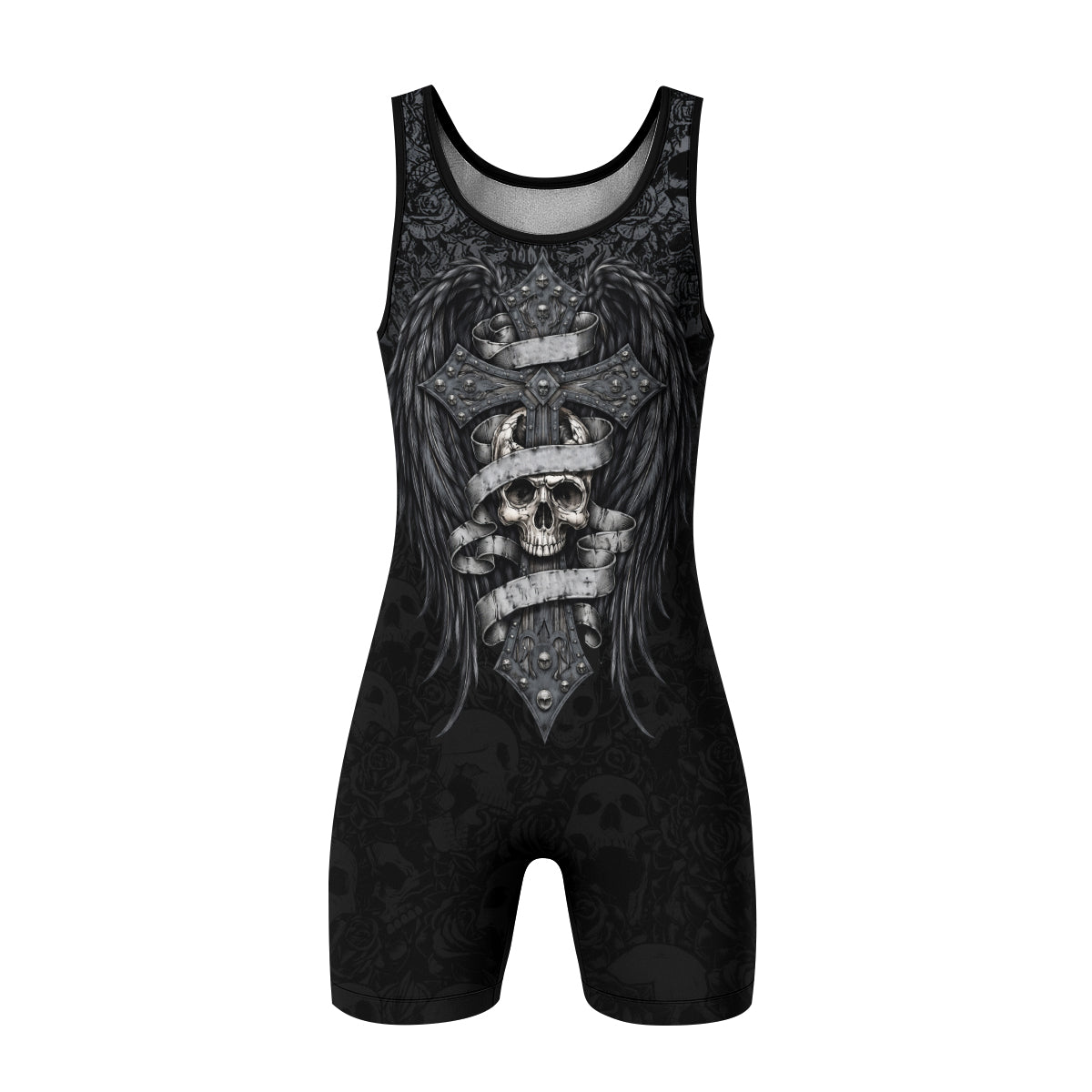 Angelic Skull Gothic Cross Wrestling Singlet - front view mockup