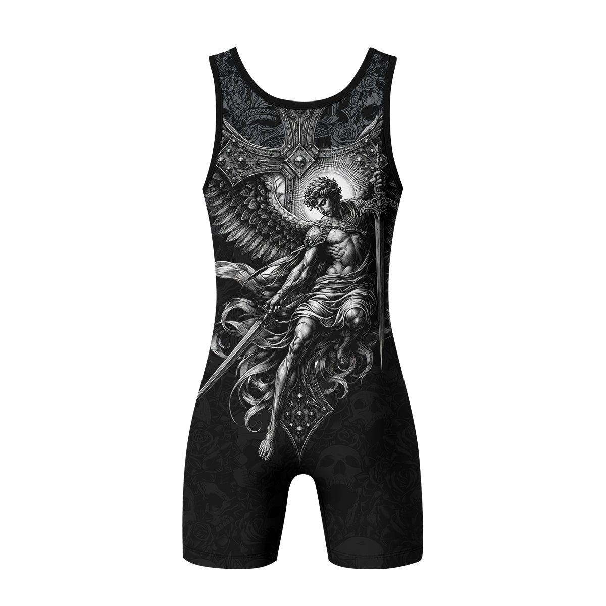 Angelic Skull Gothic Cross Wrestling Singlet - back view mockup