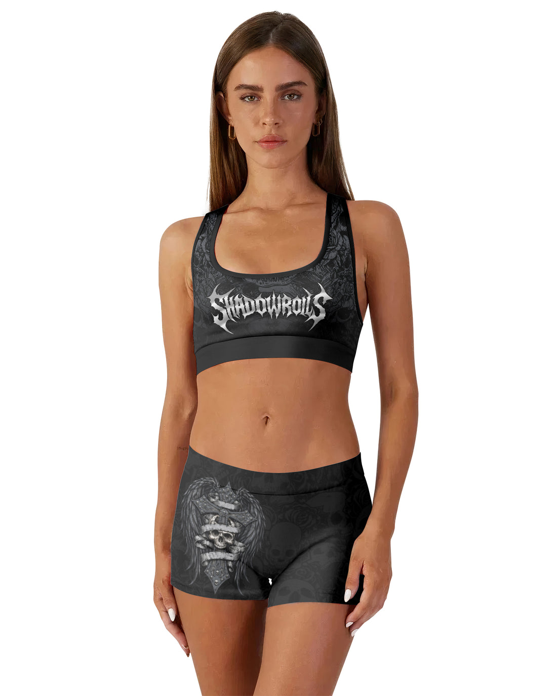 Angelic Skull Gothic Cross Women's Workout Set - front lifestyle view