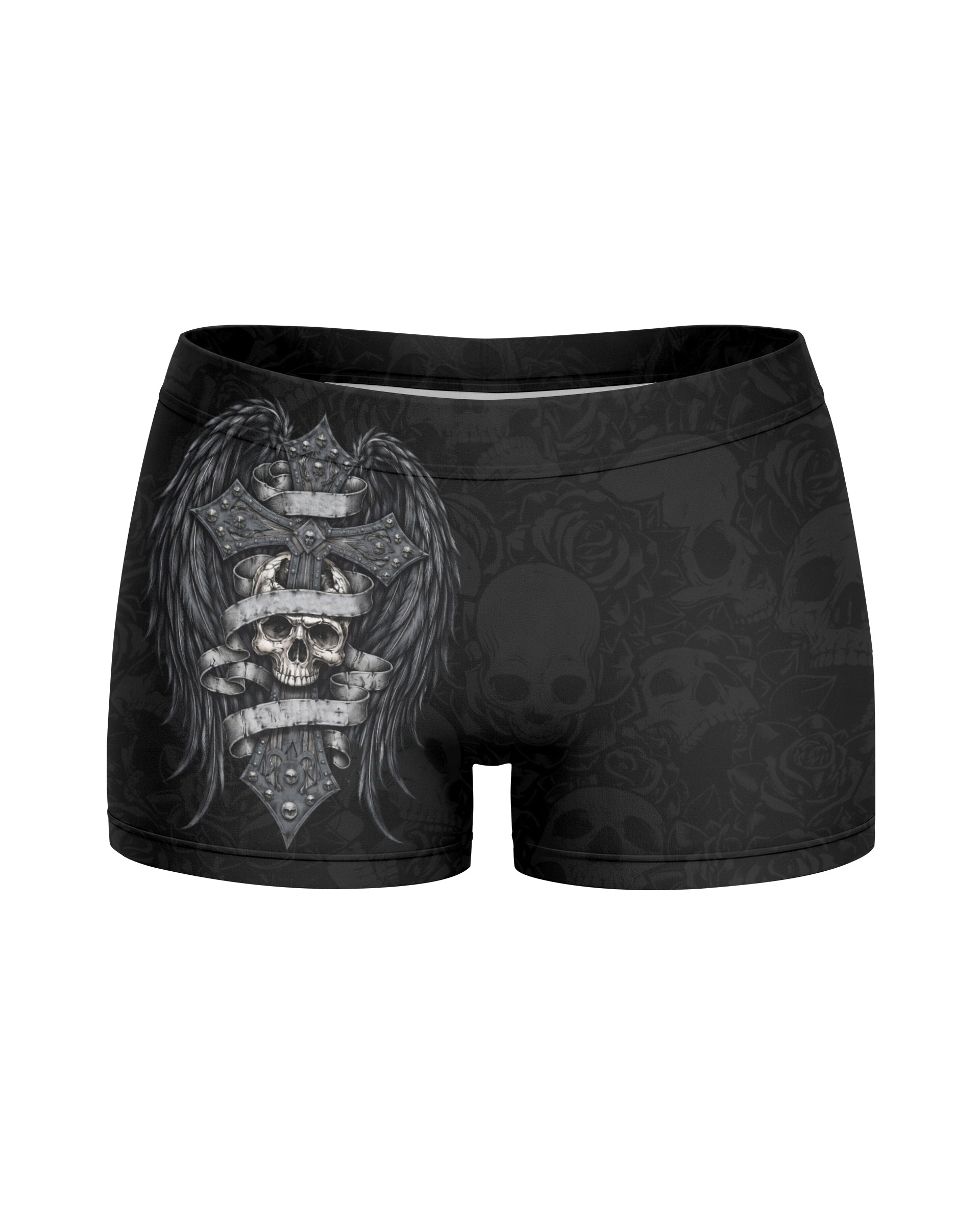 Angelic Skull Gothic Cross Women's Yoga Shorts - front view mockup