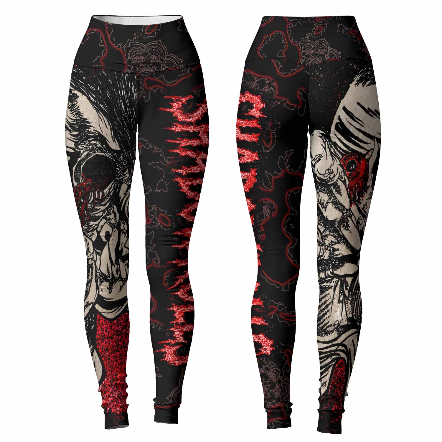 Crimson Hollow Skull Women's Leggings - front and back view