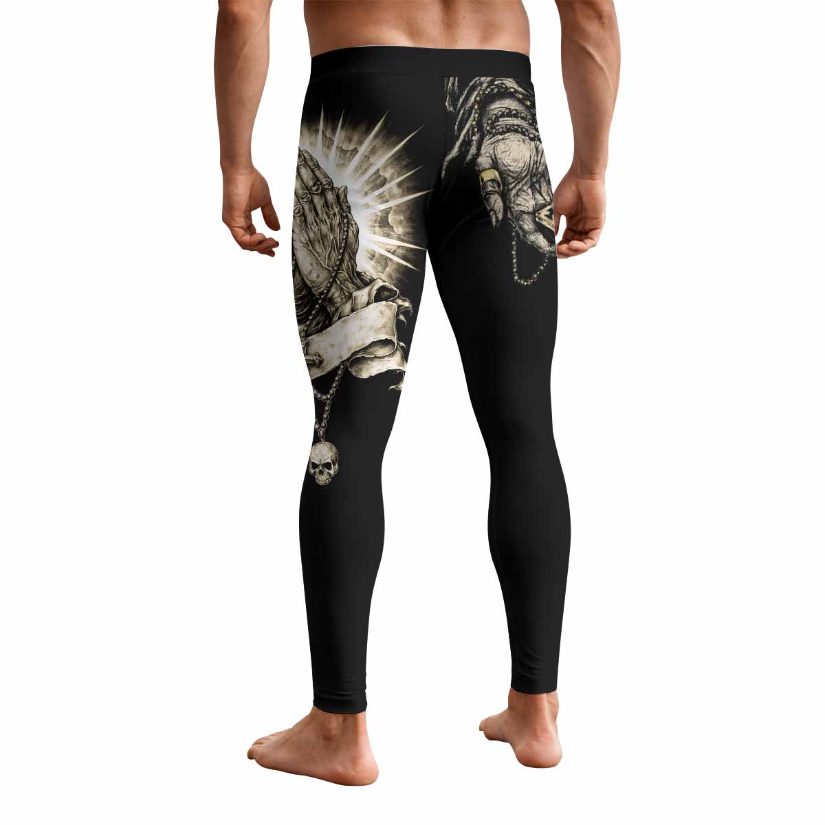 Praying Hands Skull Men's Leggings - back view mockup