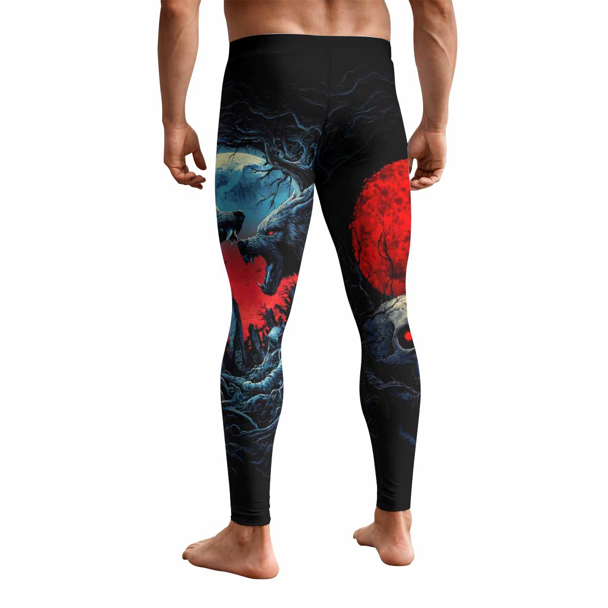Twin Wolf Apocalypse Men's Leggings - back view mockup