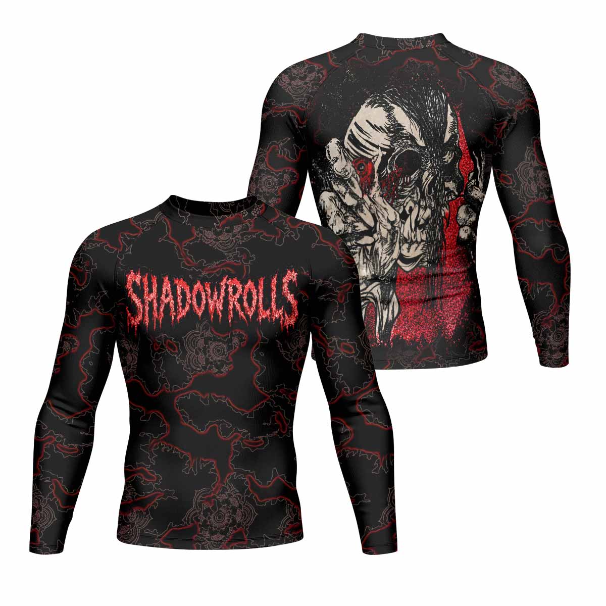 Crimson Hollow Skull Men's Rash Guard Long Sleeve - front and back view