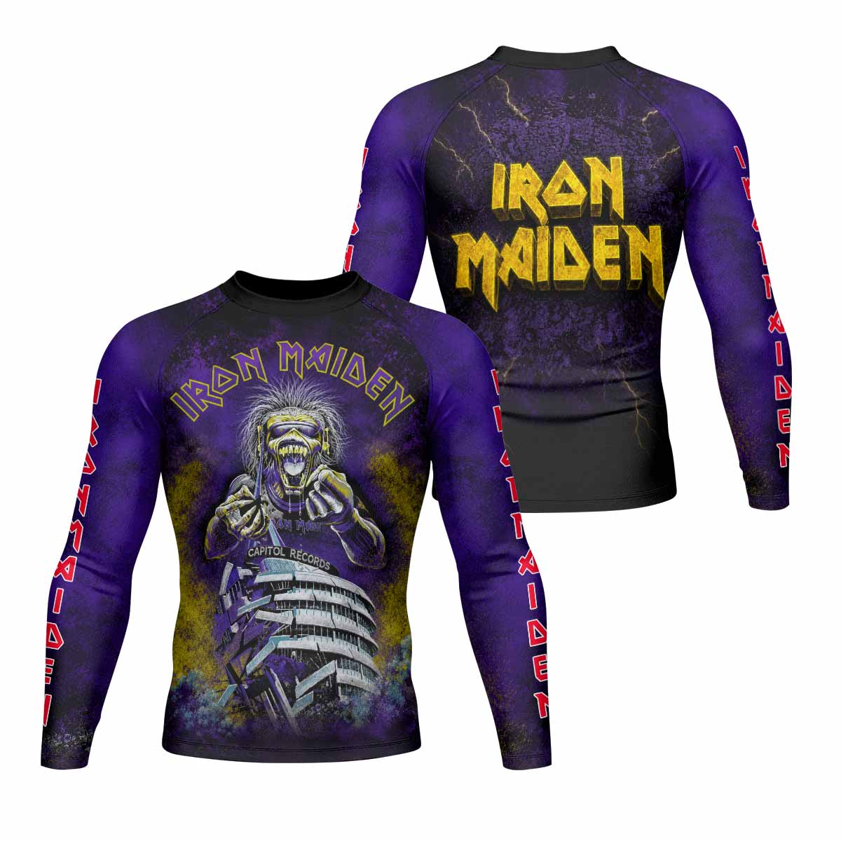 Iron Maiden Capitol Chaos Eddie Men's Rash Guard Long Sleeve - front and back view