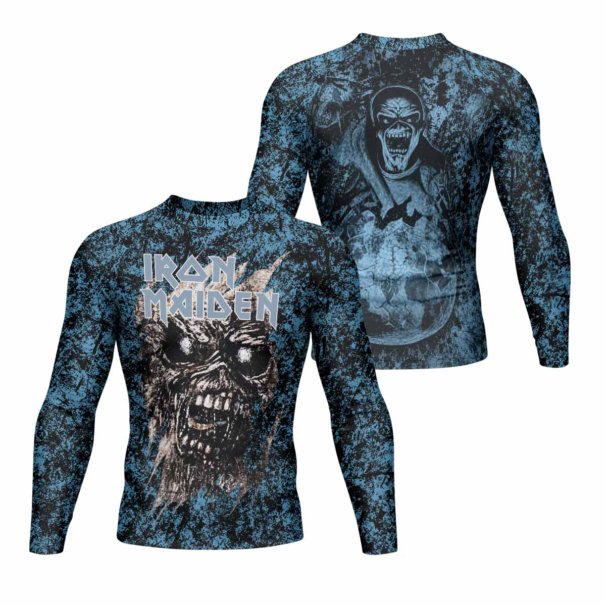 Iron Maiden Fear Reaper Eddie Men's Rash Guard Long Sleeve - front and back view