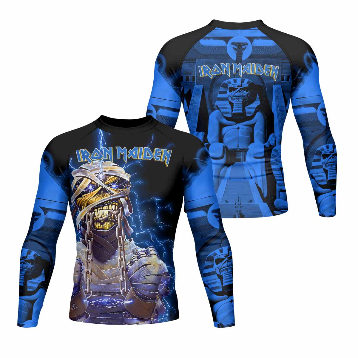 Iron Maiden Powerslave Mummy Eddie Men's Rash Guard Long Sleeve - front and back view