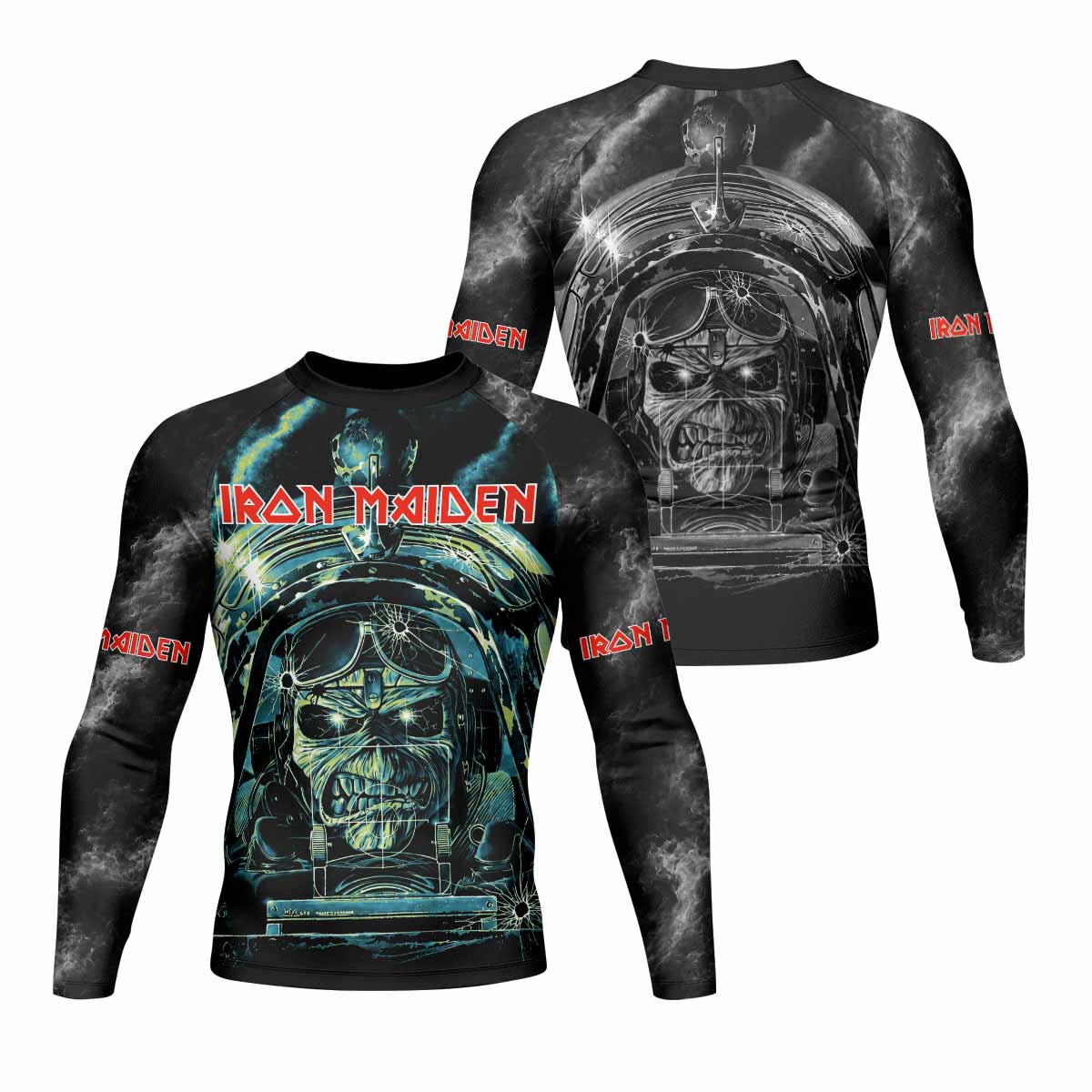 Iron Maiden Aces High Eddie Pilot Men's Rash Guard Long Sleeve - front and back view