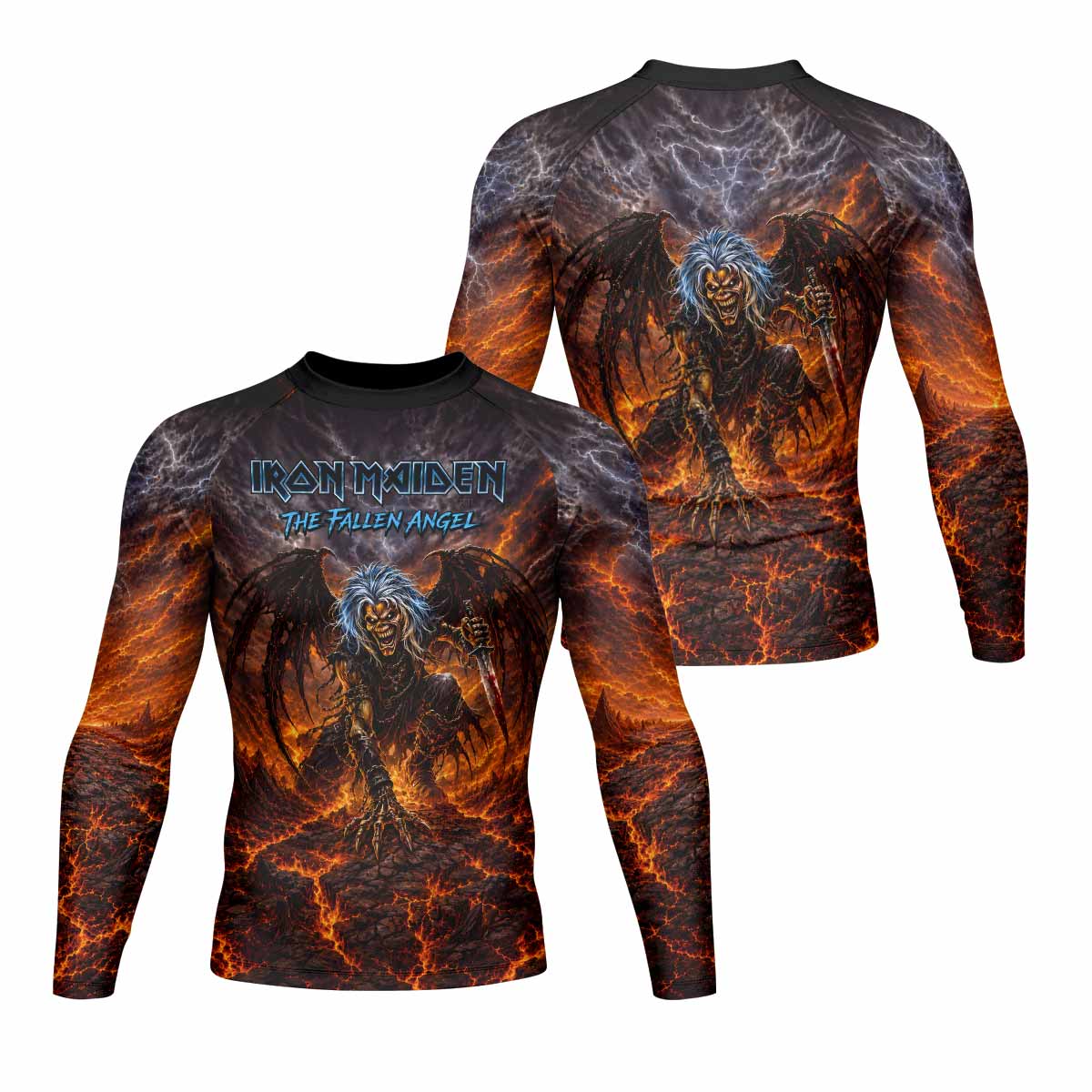 Iron Maiden The Fallen Angel Eddie Men's Rash Guard Long Sleeve - front and back view
