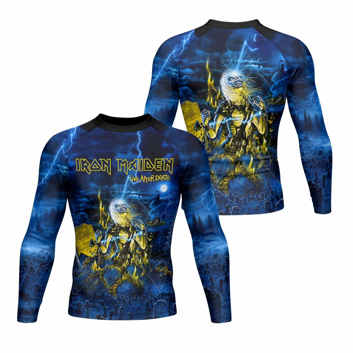 Iron Maiden Live After Death Eddie Men's Rash Guard Long Sleeve - front and back view