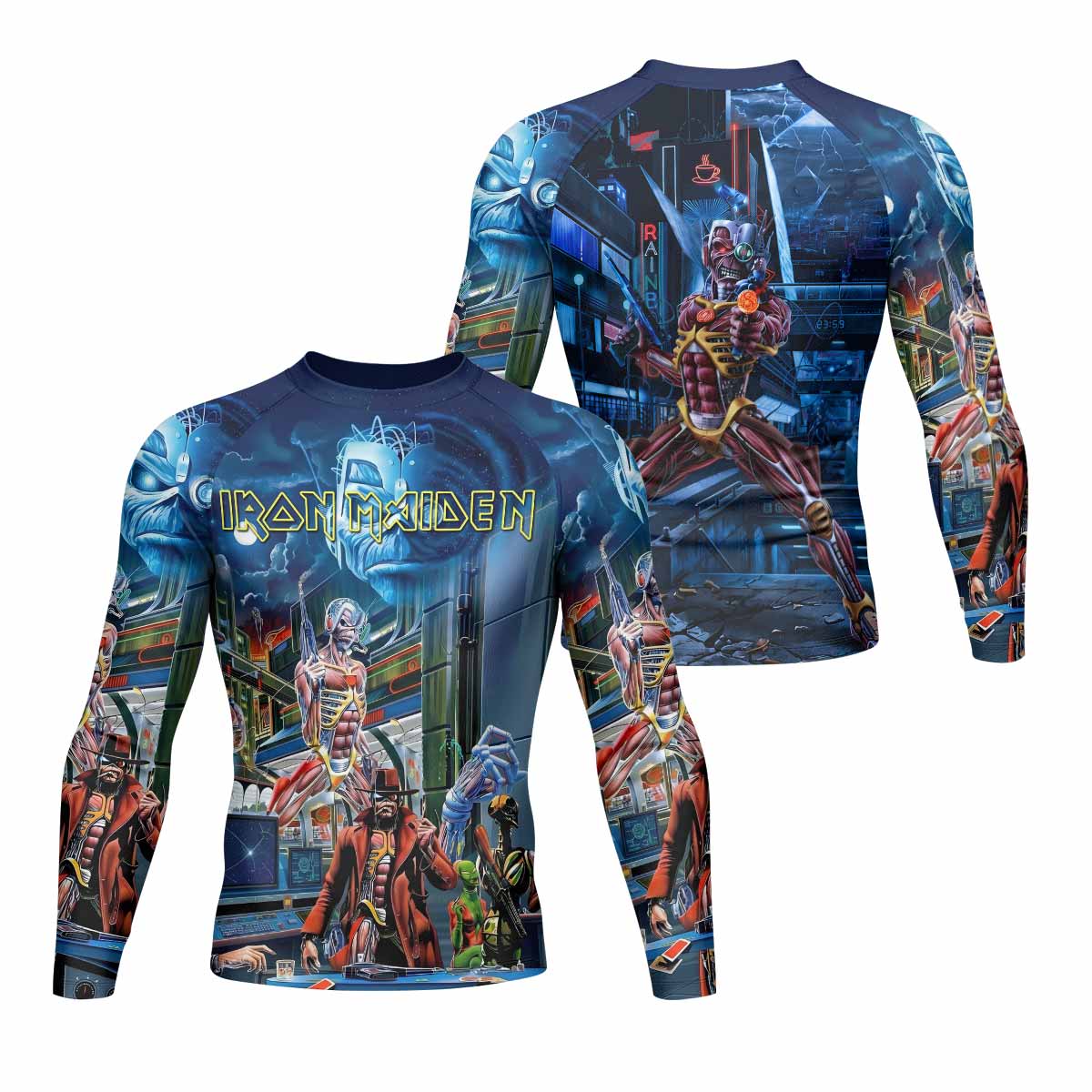 Iron Maiden Somewhere in Time Eddie Cyborg Men's Rash Guard Long Sleeve - front and back view