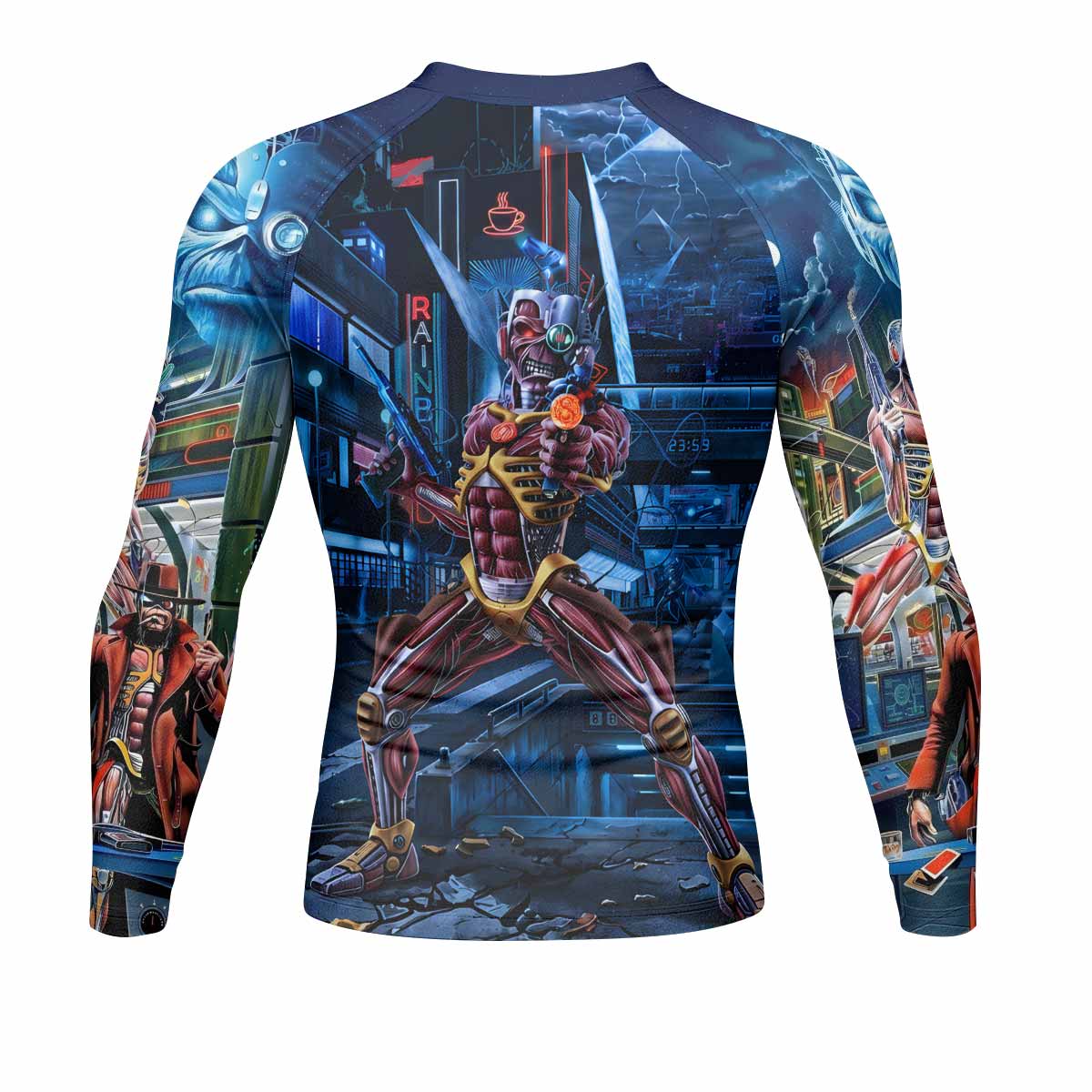 Iron Maiden Somewhere in Time Eddie Cyborg Men's Rash Guard Long Sleeve - back view mockup