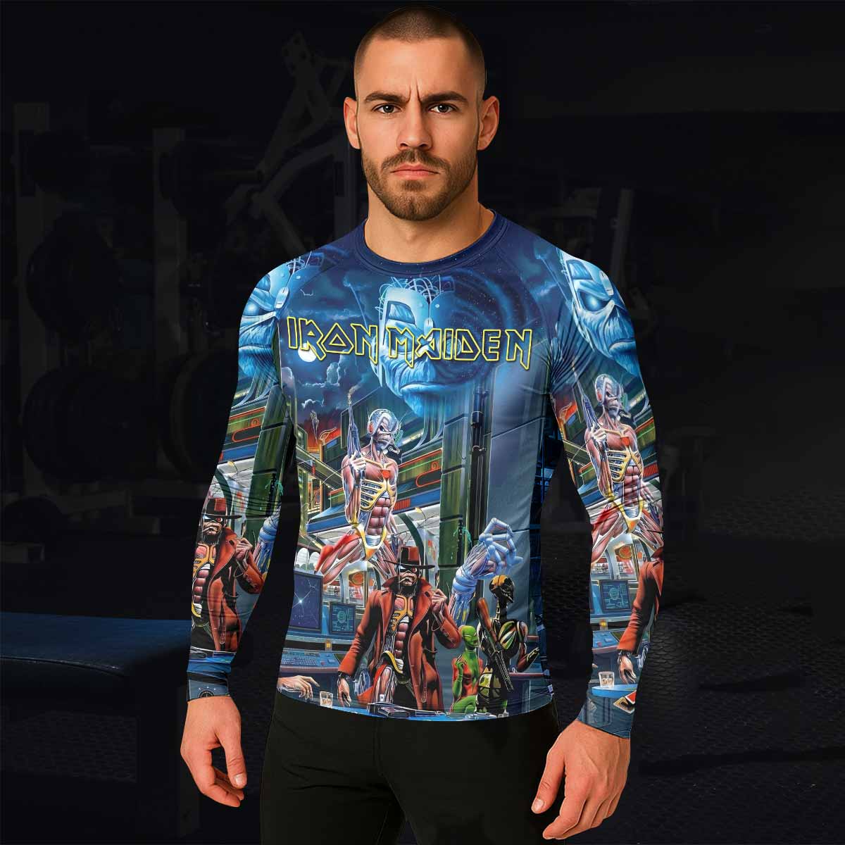 Iron Maiden Somewhere in Time Eddie Cyborg Men's Rash Guard Long Sleeve - lifestyle view